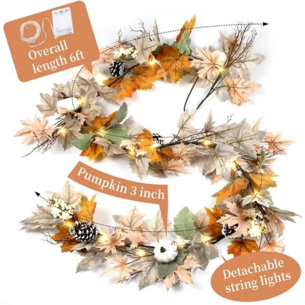 6 FT Fall Garland with Lights Neutral Fall Leaves Mantle Garland with Pumpkins